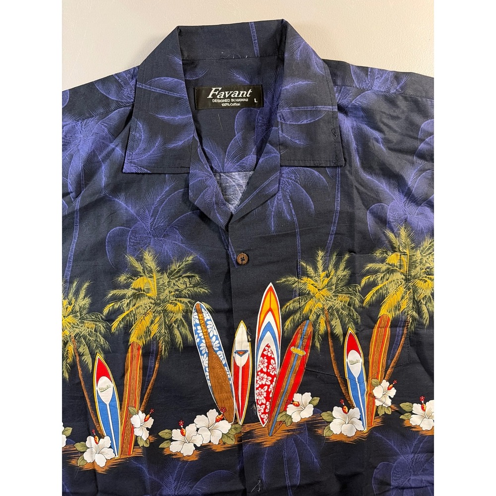Favant Hawaiian Shirt Mens Large Navy Blue Cotton Surfboard Palm Tree Tropical